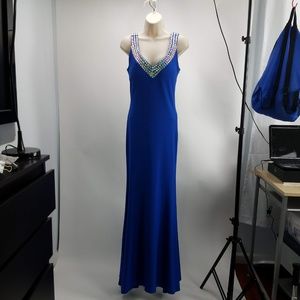 V Neck Long Gown Rhinestones Mermaid Sz M Blue